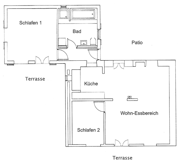 Grundriss, Wohn-und Essbereich, 2 Schlafzimmer